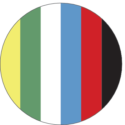 Geel/groen; wit; blauw; rood; zwart